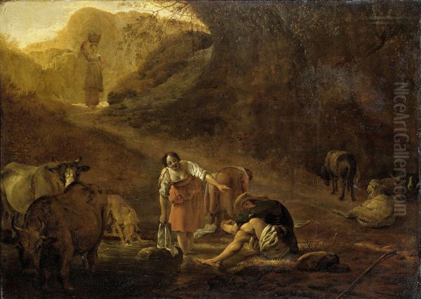 A Shepherd and Washerwomen at a Spring - view 1