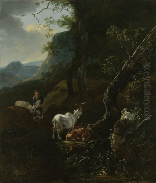 Een herderin met vee in een bergachtig landschap - view 1