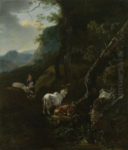 Een herderin met vee in een bergachtig landschap by Adam Pynacker