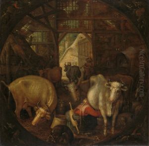 Cows in a stable; witches in the four corners by Roelant Savery