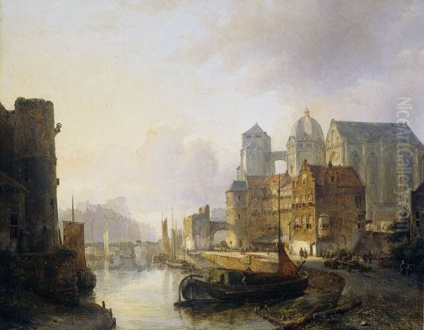 Gefantaseerd gezicht in een stad aan een rivier met de Dom te Aken - view 1