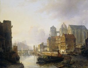 Gefantaseerd gezicht in een stad aan een rivier met de Dom te Aken by Kaspar Karsen