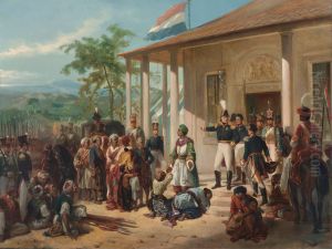 La rendicion deDiponegoroante el teniente generalHendrik Merkus baron de Kock(28 de marzo de 1830), en la que finalizo laGuerra de Java(1825-1830). by Nicolaas Pieneman