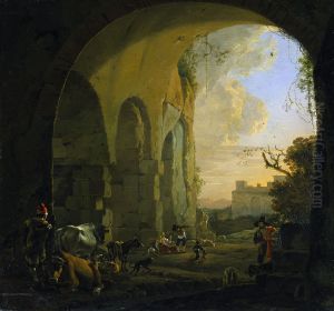 Herders met vee rustend onder de gewelven van het Colosseum te Rome.
