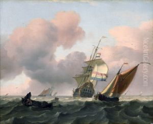 Een Hollandse driemaster op zee, in de voorgrond halen vissers een net binnen vanuit een roeiboot Een Hollandse driemaster op zee, in de voorgrond halen vissers een net binnen vanuit een roeiboot
