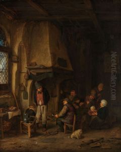 boerengezelschap in interieur by Adriaen van Ostade