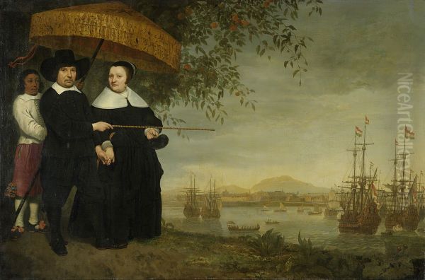 Een opperkoopman van de VOC, vermoedelijk Jacob Mathieusen en zijn vrouw ; op de achtergrond de retourvloot op de rede van Batavia - view 1