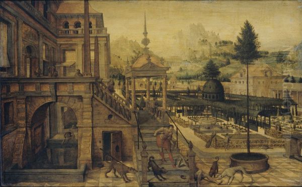 Parkaanleg bij een paleis met op de voorgrond de arme Lazarus - view 1