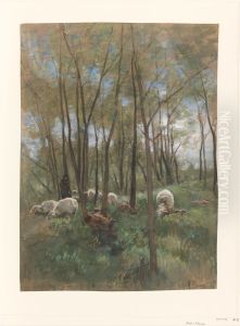 Schapenkudde in een bos by Anton Mauve