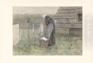 Vrouw bij een waslijn by Anton Mauve
