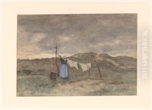 Vrouw bij een waslijn in de duinen Vrouw bij een waslijn in de duinen