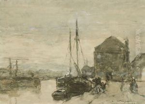 Gezicht op de Turfmarkt met de Eendjespoort in Haarlem by Johan Hendrik Weissenbruch