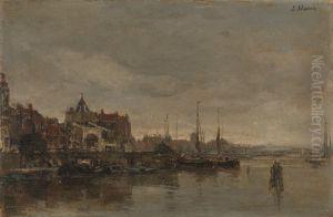 De Schreierstoren met de brug over de Gelderse Kade te Amsterdam by Jacob Maris