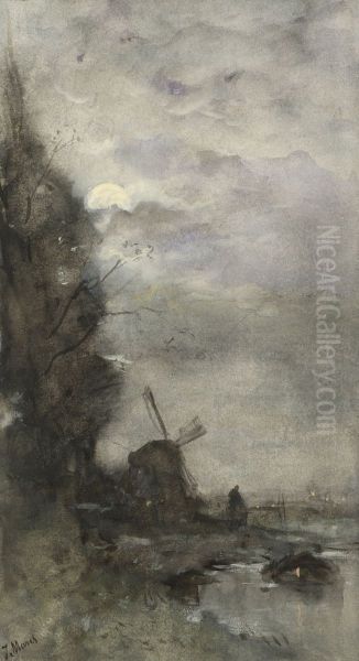 Landschap met molen bij maanlicht - view 1