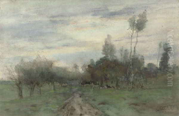 Landweg met koeien in de schemering - view 1
