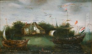 Een zeeschip vaart een binnenwater op by Hendrick Cornelisz Vroom