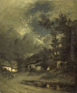 Dorpsgezicht bij nacht by Jules Dupre