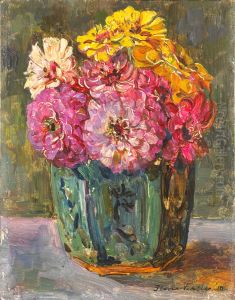 Stillife with zinnias in a ginger pot.