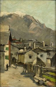 Landhuizen aan een weg, waarachter een hoge berg (Innsbruck?)