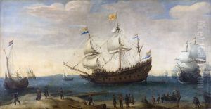 Een aantal Oostindievaarders voor de kust
