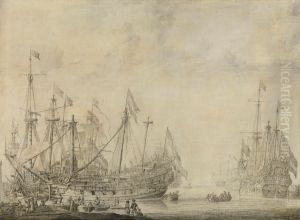 Schepen na de slag by Willem van de, the Elder Velde