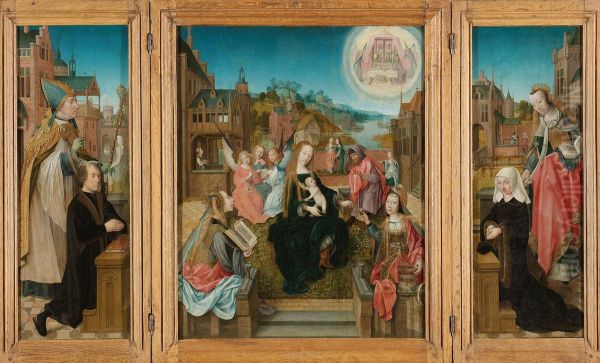 Triptych with Virgin and Child with Saints (center), male Donor with Saint Martin (left, inner wing), female Donor with Saint Cunera (right, inner wing), and the Annunciation (outer wings) - view 1