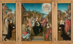 Triptych with Virgin and Child with Saints (center), male Donor with Saint Martin (left, inner wing), female Donor with Saint Cunera (right, inner wing), and the Annunciation (outer wings) by Master of Delft
