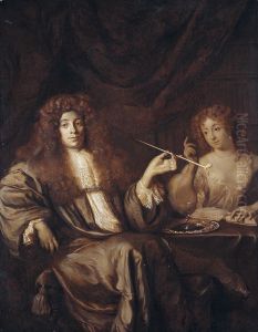 Portrait of Adriaan van Beverland (1651-ca.1712), writer of theological works and satires, with a wanton woman