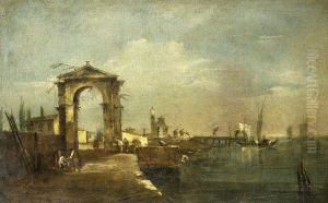 Landschap met een kade en schepen op een meer by Francesco Guardi