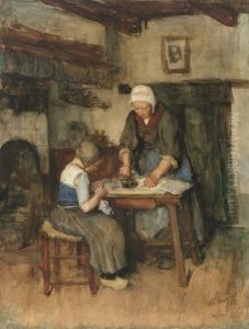 Interior with Woman Ironing and Sewing Child by Albert Neuhuys
