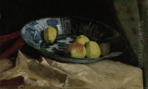 Stilleven met appels op een Delfts blauwe schaal by Willem de Zwart