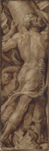 Simson verbrijzelt de zuilen van de tempel - view 1