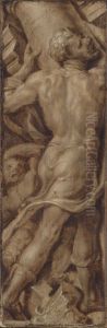 Simson verbrijzelt de zuilen van de tempel by Maarten Van Heemskerck