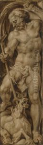 Neptunus doorsteekt met zijn drietand een zeepaard by Maarten Van Heemskerck
