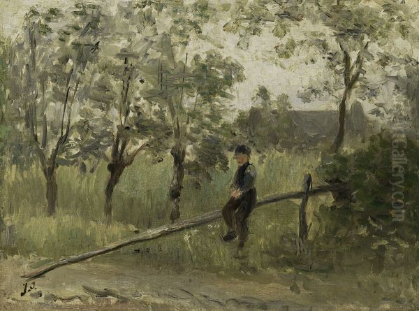 Boerenjongen op een slagboom - view 1