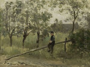 Boerenjongen op een slagboom by Jozef Israels