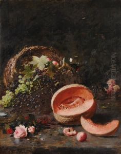 Natura Morta Con Cesto D'uva, Melone E Rami Di Rose by Carl Christian E. Carlsen