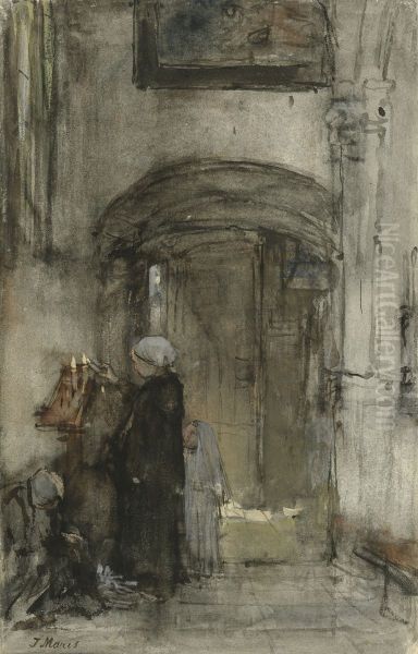 Vissersvrouw met haar dochtertje als 'bruidje' steekt een kerkkaars aan - view 1