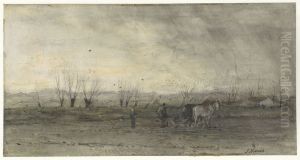 Landschap met ploegende boer by Jacob Maris