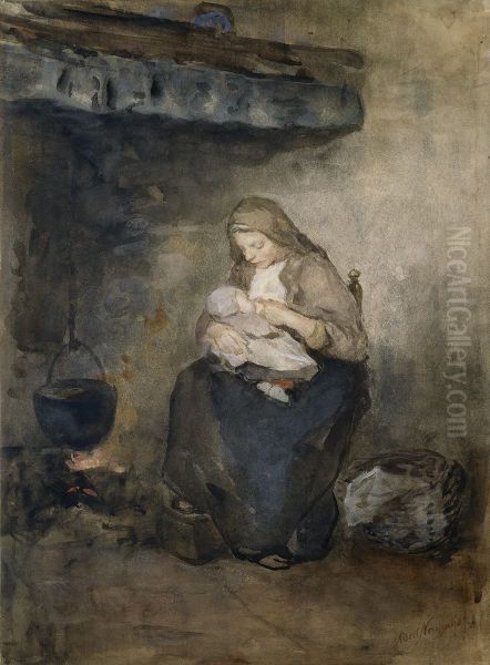 Mother Nursing her Child by the Fireplace - view 1