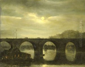 View of a Bridge over the Seine in Paris by Moonlight by Anthonie Waldorp