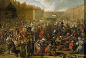 De uitdeling van haring en wittebrood na de opheffing van het beleg van Leiden, 3 oktober 1574 by Otto van Veen