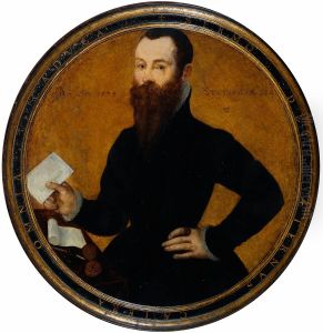Portrait of Adam Wachendorff, with a Putto Blowing Bubbles by Cornelis Ketel