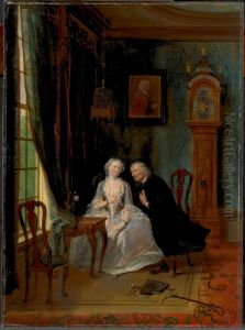 'De wanhebbelijke liefde', misschien de scene van de weduwnaar Joost bij Lucia, 2de toneel uit het gelijknamige stuk van C J van der Lijn by Cornelis Troost
