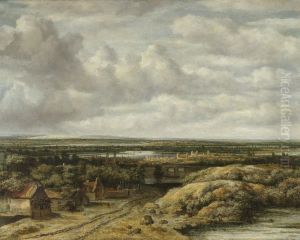 Distant View with Cottages along a Road by Philips Koninck