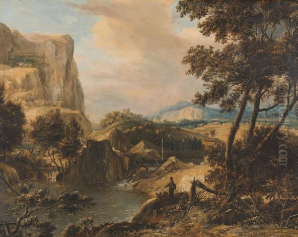 Bergachtig landschap met visser - view 1
