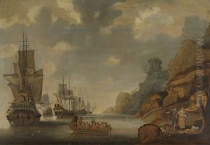 Een Frans eskader bij een rotsachtige kust. by Jacob Adriaensz Bellevois