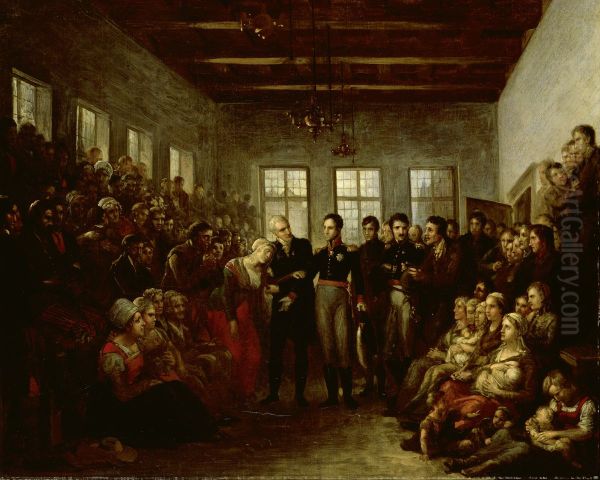 De prins van Oranje bezoekt de slachtoffers van de watersnood in het Aalmoezeniersweeshuis te Amsterdam op 14 februari 1825. - view 1