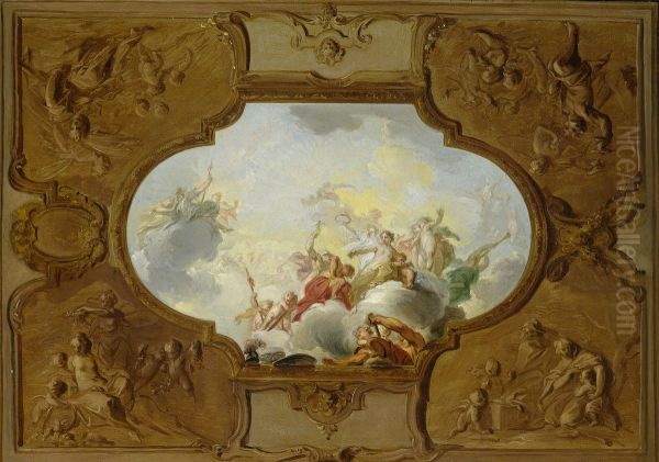 Ontwerp voor een plafondstuk met de apotheose van Aeneas, in de hoeken de vier jaargetijden in brunaille - view 1
