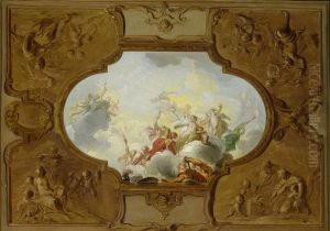 Ontwerp voor een plafondstuk met de apotheose van Aeneas, in de hoeken de vier jaargetijden in brunaille by Jacob de Wit